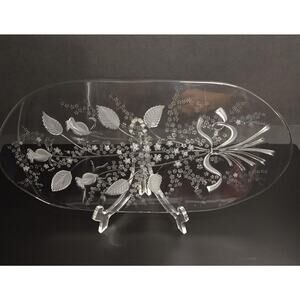 Fleur by William Fraser Oval Glass Canape Tray Etched Floral 15.75"